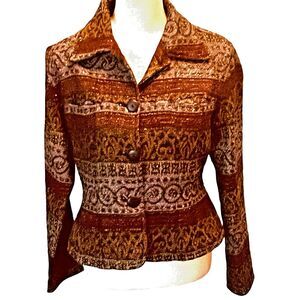 VTG Flashback Boho Tapestry Jacket Sz M Burgundy With Metallic Threading Pockets